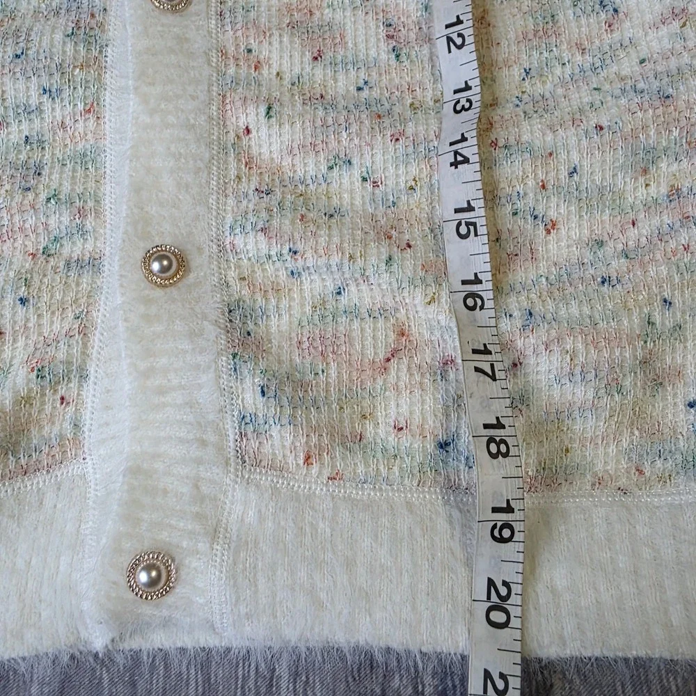 Cream Speckled Knit‎ Button Up Cardigan Pearl Buttons Cozy Academia